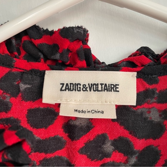 Zadig & Voltaire Tibo Print Leopard Ruffle Red Black Sleeveless Tassel Size S - Picture 8 of 12